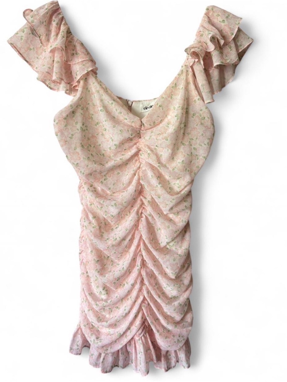 Eloise Ruffled Pink Floral Ruched Mini Dress size M coquette cottagecore floral